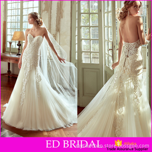 China Supplier JU2203 Fish Tail Elegant Appliques Tulle Backless Strapless Wedding Dress